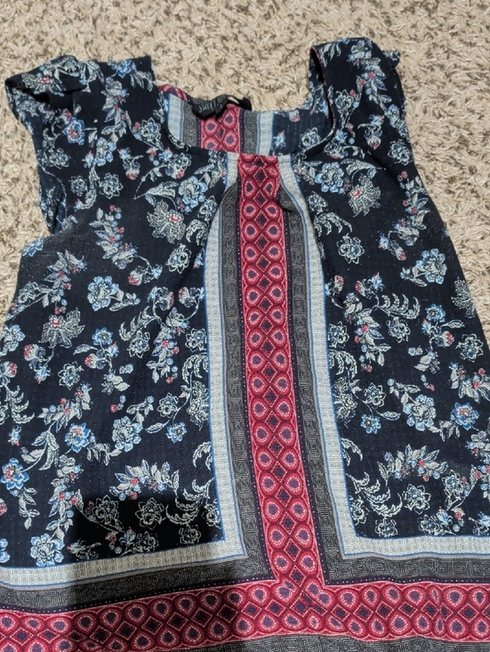 Sweet Wanderer Tops - Sweet Wanderer Navy Floral Border Print Blouse with Red Center Panel